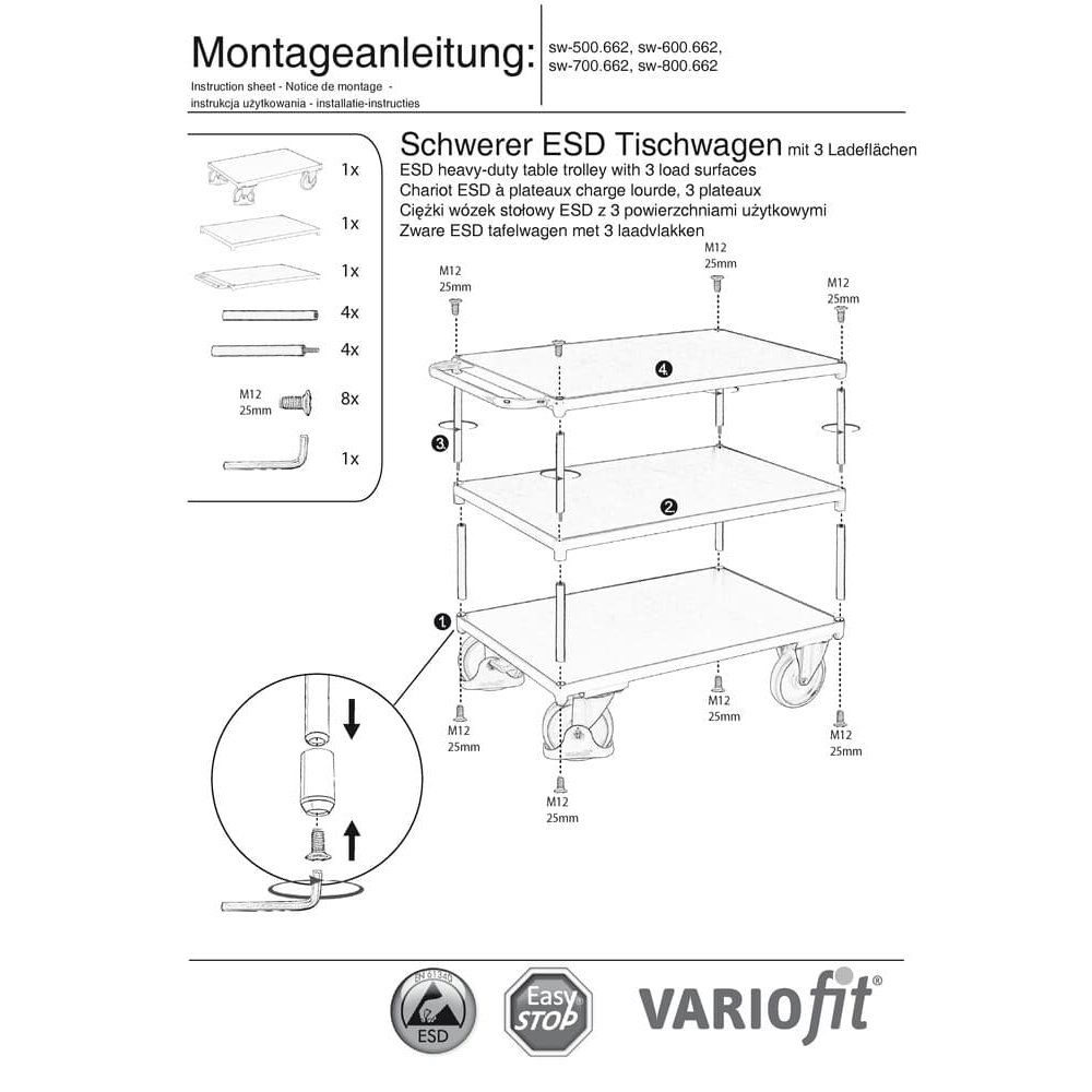 Nehéz ESD asztali kocsi 3 rakfelülettel Típus M + EasySTOP-0