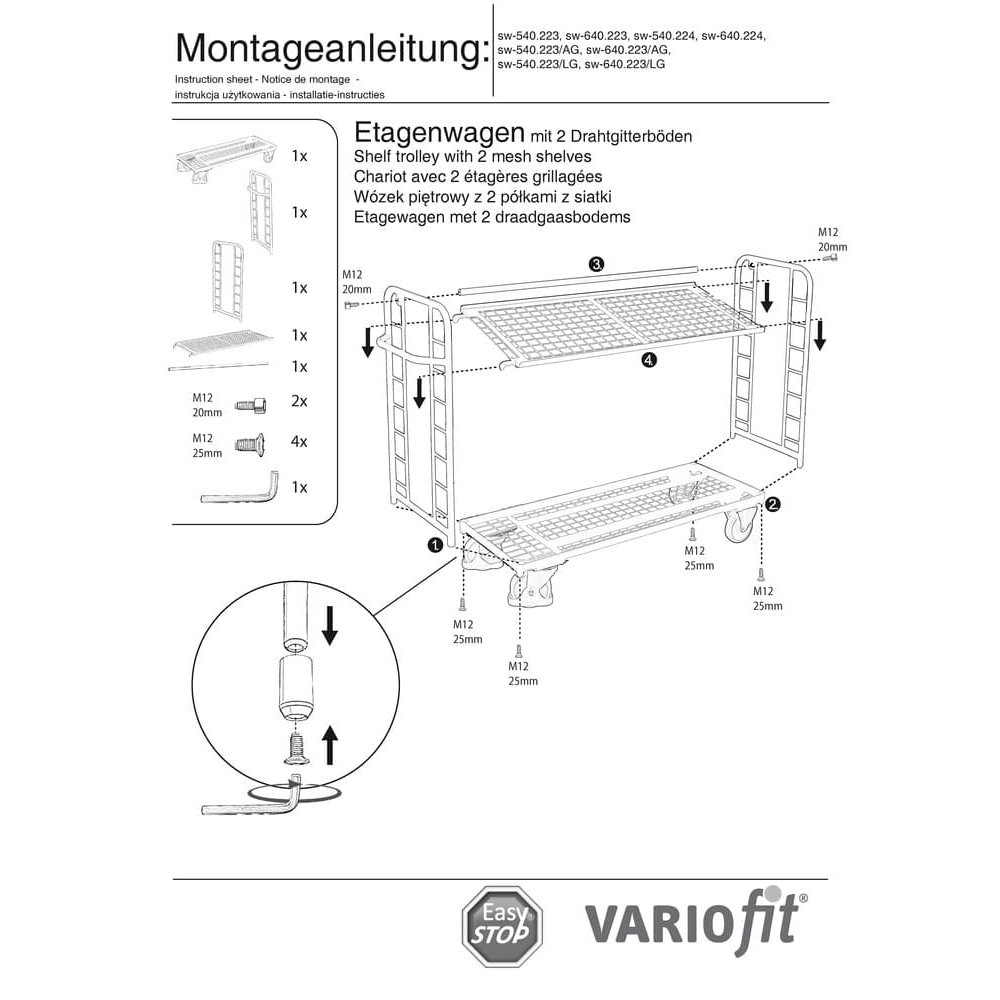 Szeregos kocsi 2 horganyzott rácsos polccal 400 kg teherbírás Tipus L + EasySTOP-0