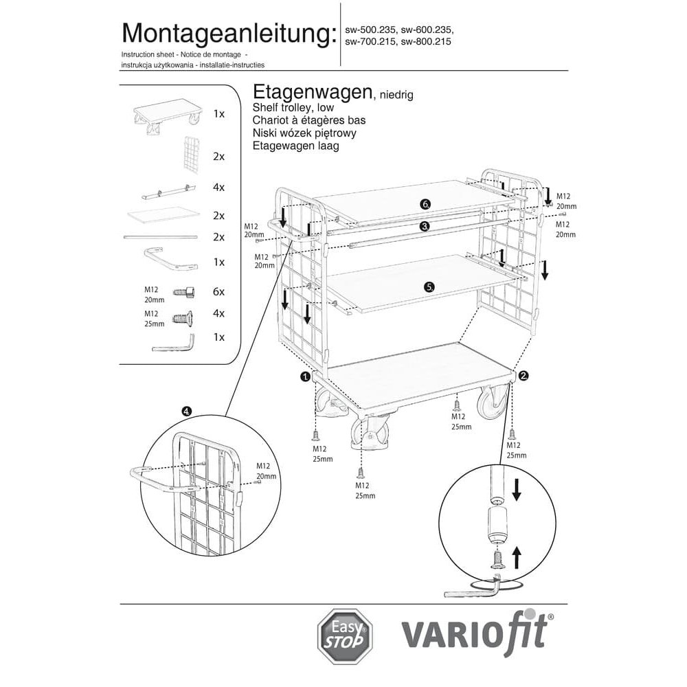 Csomagkocsik 2 rácsos fallal + 3 polccal 500 kg teherbírás Típus L + EasySTOP-0