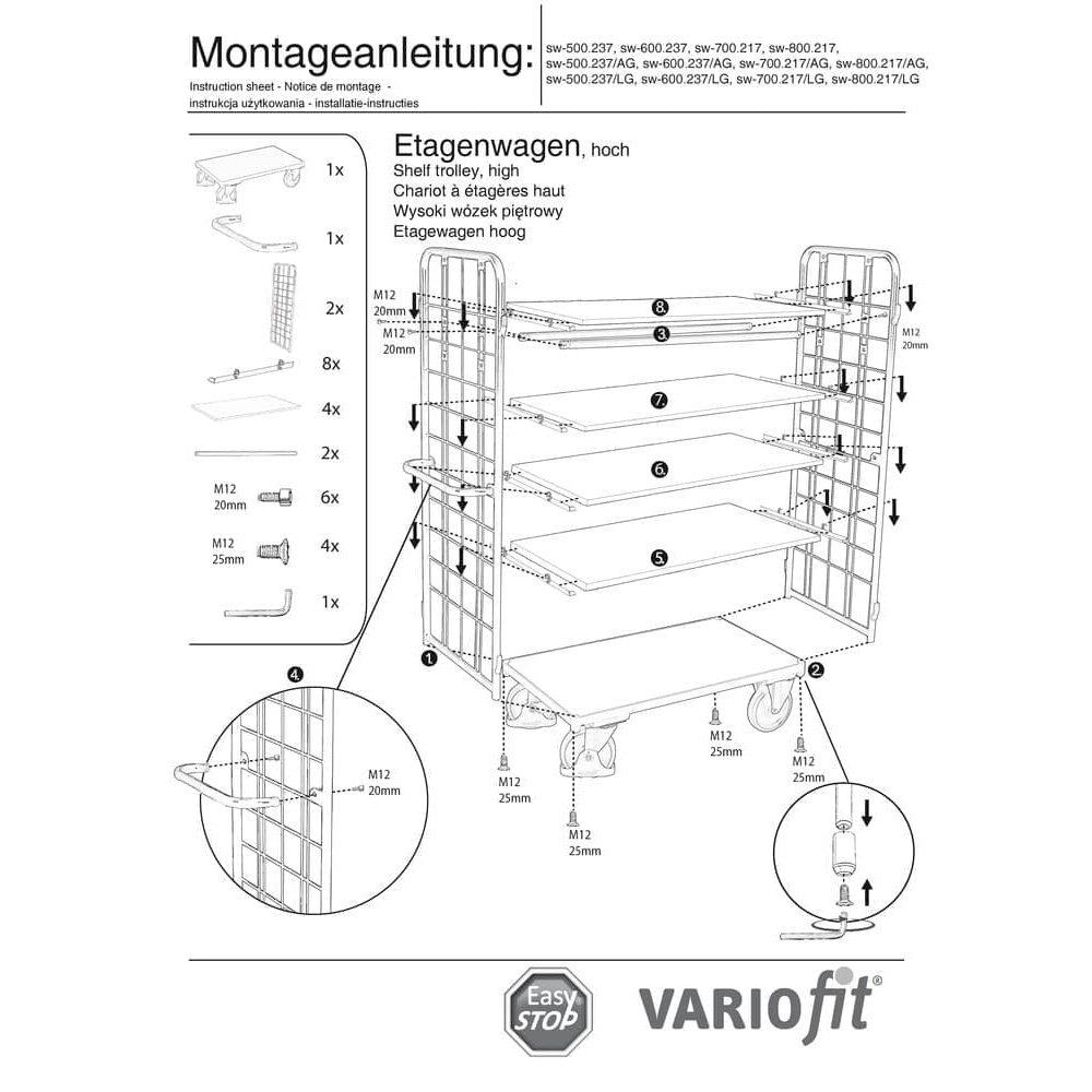 Paketkocsi magas 2 rácsos fallal + 5 polc 500 kg teherbírás Típus L + EasySTOP-0