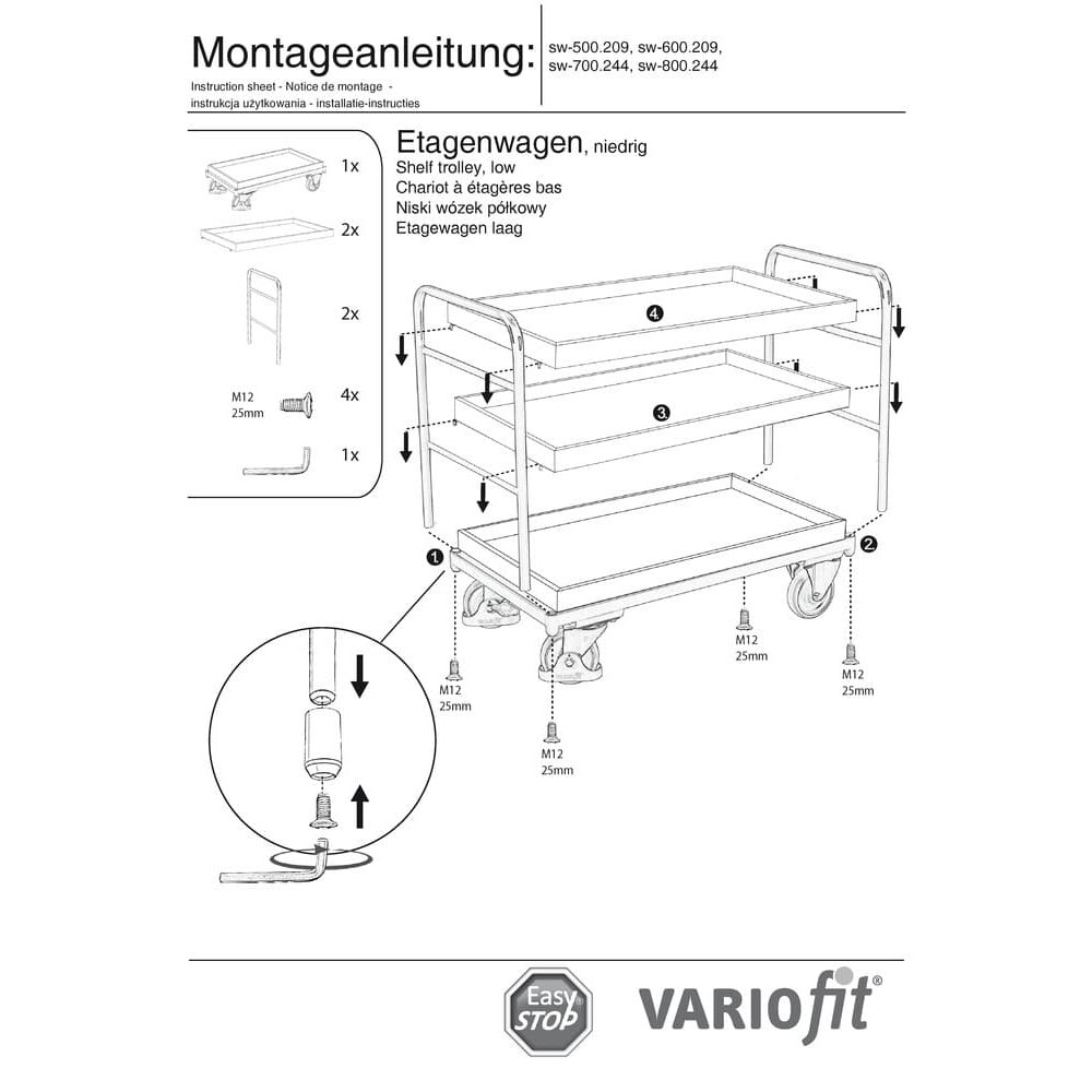 Polcos kocsi 3 tálcával 250 kg teherbírású L típus + EasySTOP-0