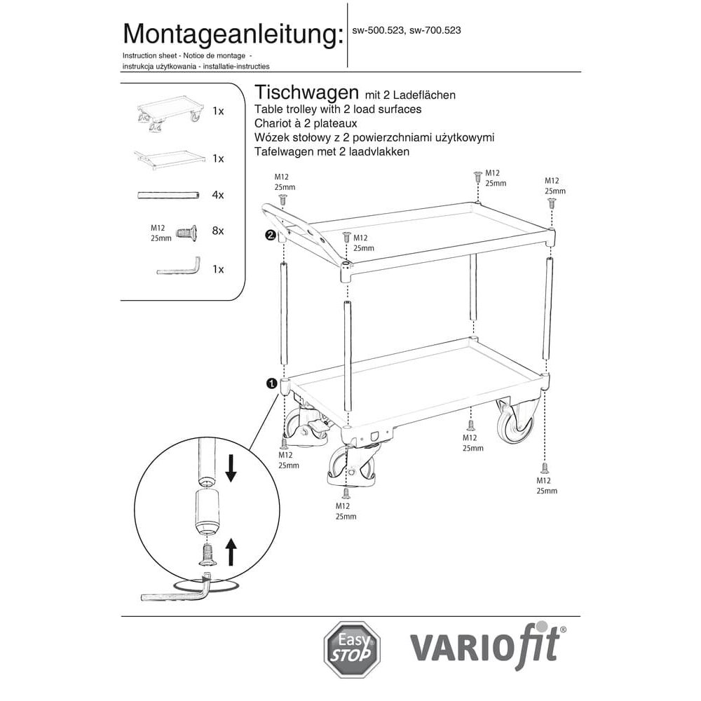 Nagy asztalkocsi 2 szinten, 40 mm magas fürdőperem, magas tolófogantyú + EasySTOP-0