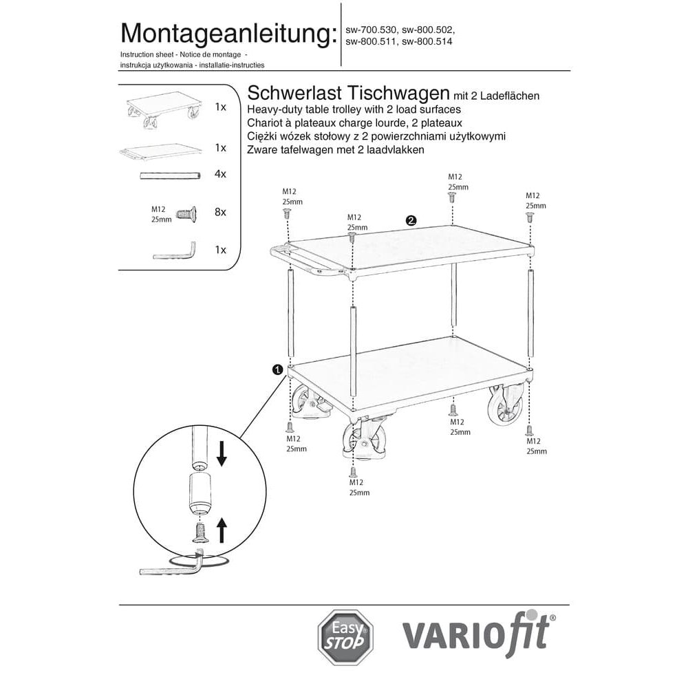 Nehéz asztalkocsi 1000 kg 2 rakfelülettel S típus + EasySTOP-0