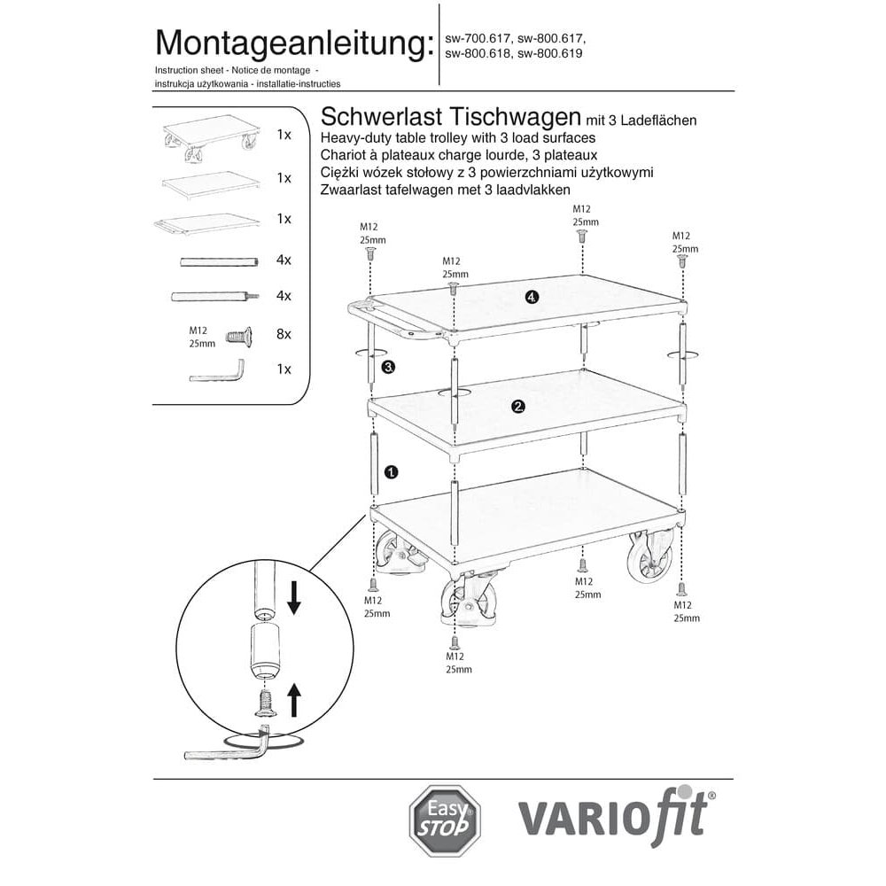 Nehéz asztali kocsi 1000 kg 3 rakodófelülettel, típus S + EasySTOP-0