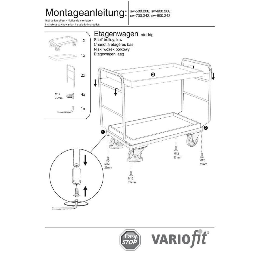 Polcos kocsi 2 tálcával, 250 kg teherbírás, XL típus + EasySTOP-1