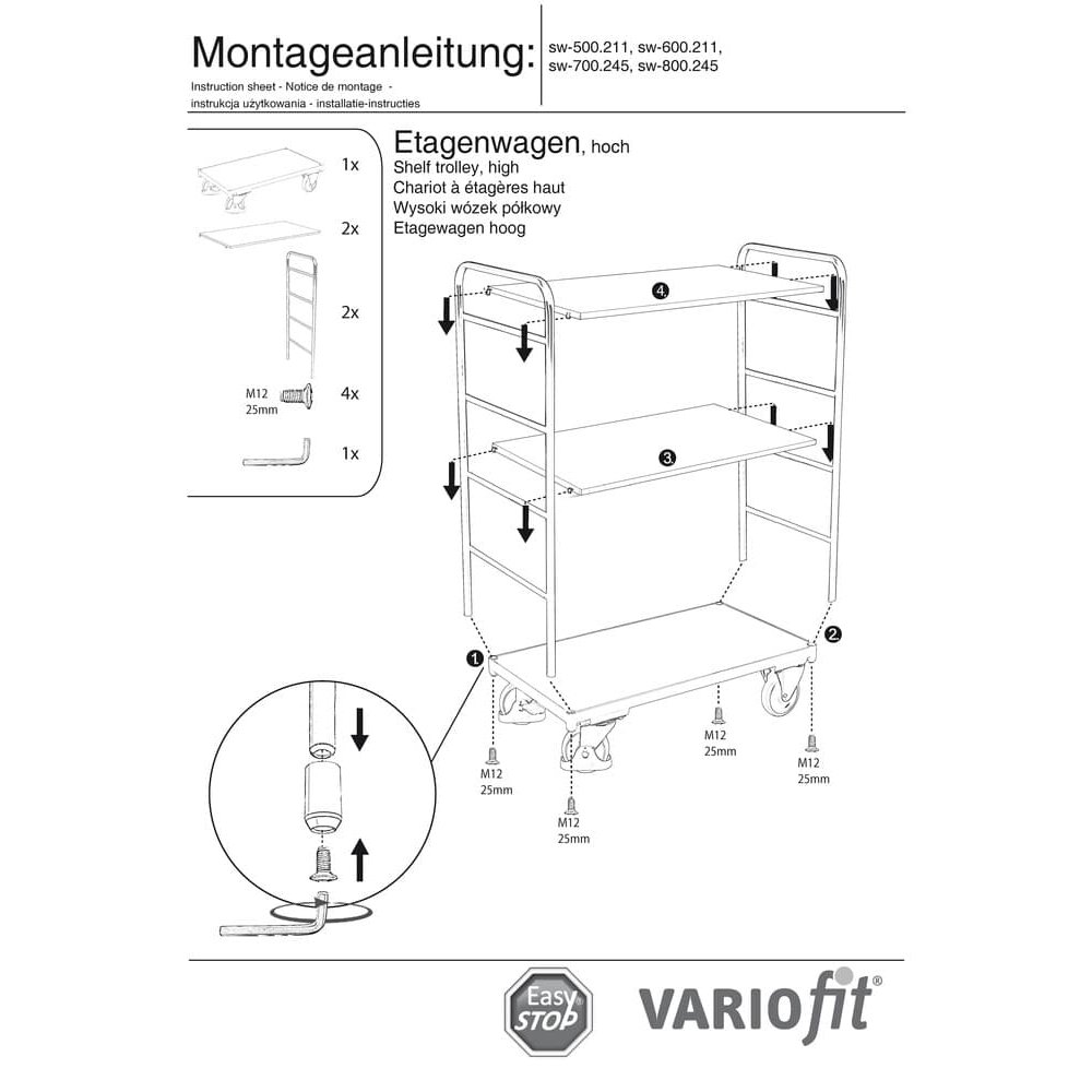 Emeletes kocsi magas 3 polccal 250 kg teherbírás Típus XL + EasySTOP-1