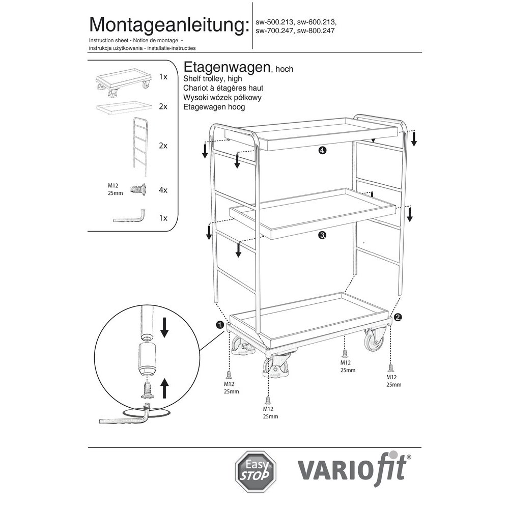 Magas emeletes kocsi 3 tálcával, 250 kg teherbírással, XL típus + EasySTOP-1