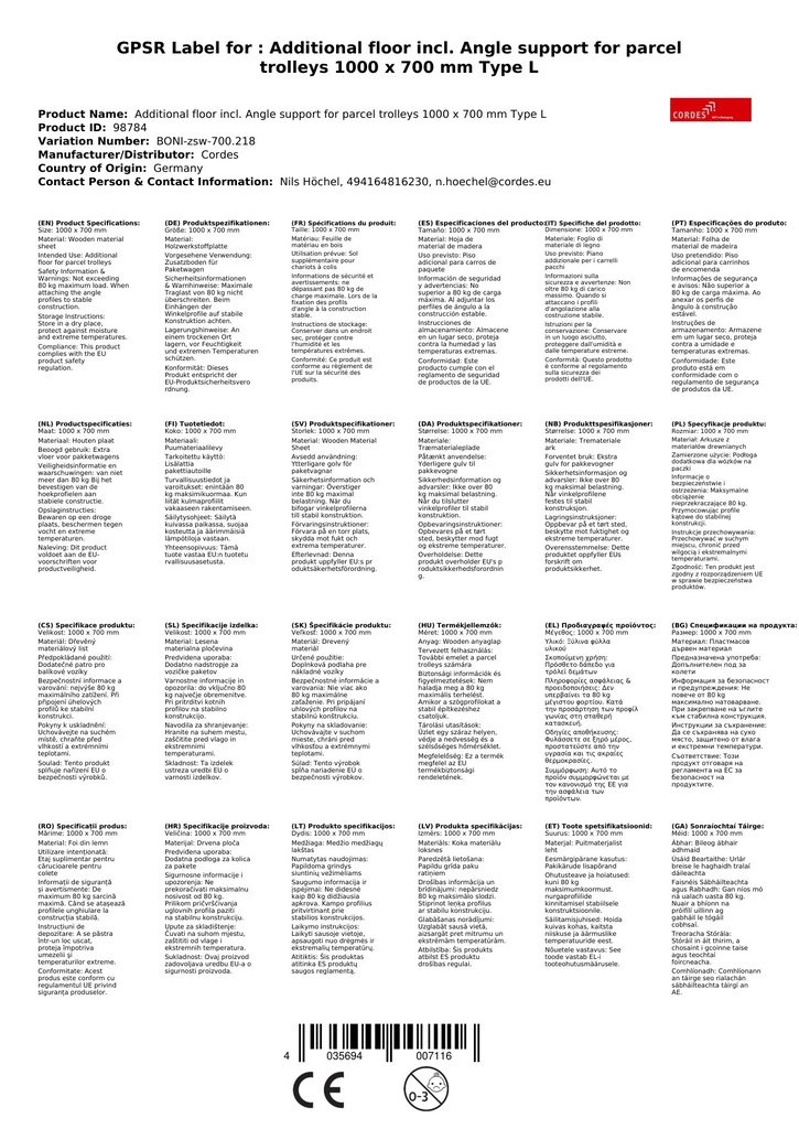 Kiegészítő padló szögprofil tartóval csomagszállító kocsihoz 1000 x 700 mm Típus L-0