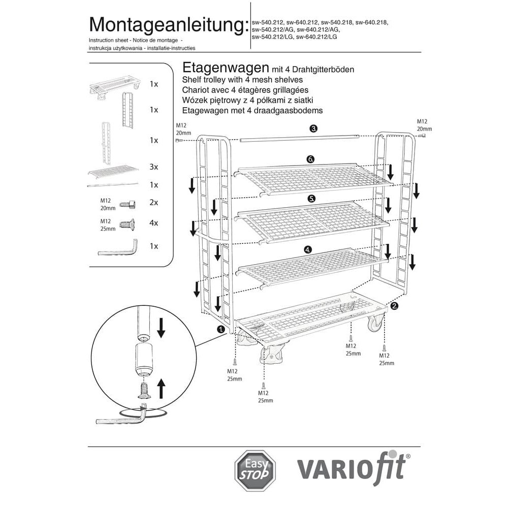 Polcos kocsi 4 horganyzott drótrácsos polccal 250 kg teherbírással M típus + EasySTOP-0