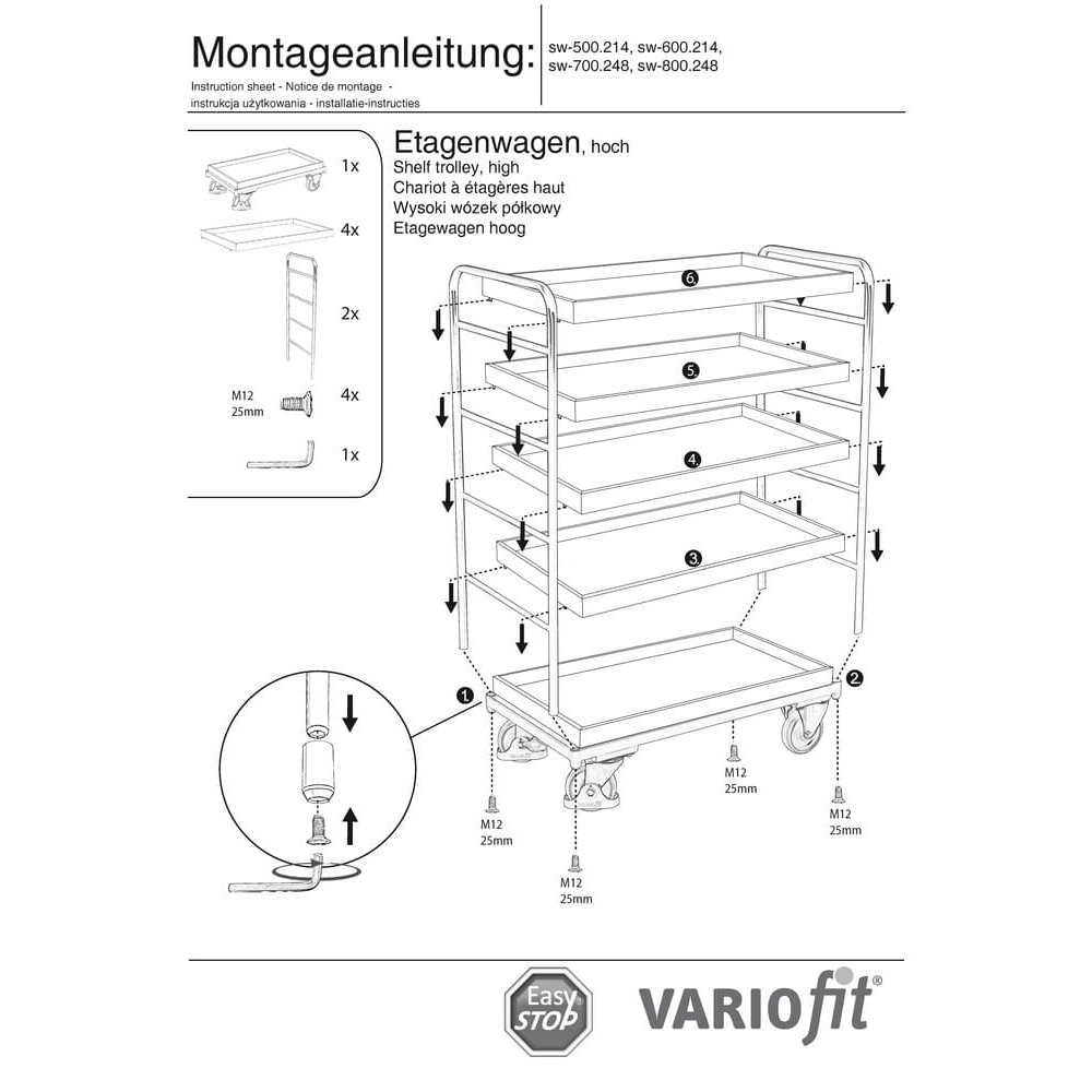 Magas polcos kocsi 5 tálcával, 250 kg teherbírás, M típus + EasySTOP-1