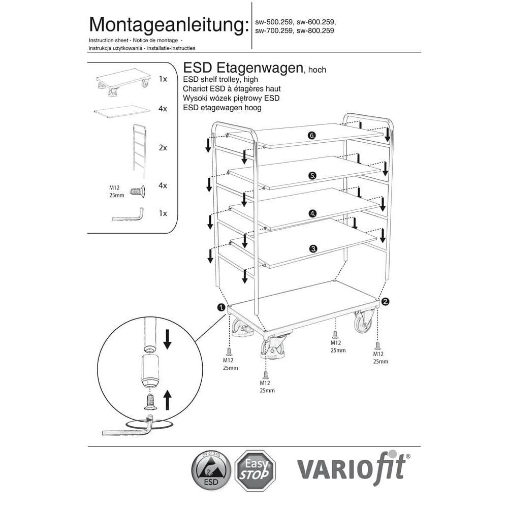 Magas ESD lépcsőkocsival 5 polccal Típus M + EasySTOP-0