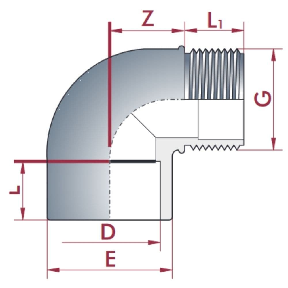 PVC-U 90° Könyök Muff x AG 63 mm x 2" PN10-0