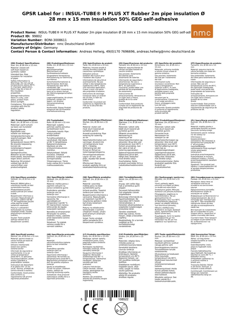 INSUL-TUBE® H PLUS XT Kautschuk 2m csőszigetelés Ø 28 mm x 15 mm szigetelés 50% GEG öntapadós-0