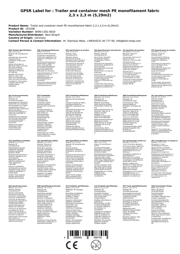 Pótkocsi- és konténerháló PE-monofil szövet 2,3 x 2,3 m (5,29m²)-2