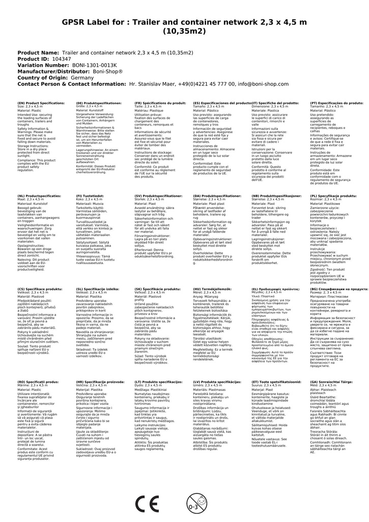 Pótkocsi- és konténerháló PE-monofil szövet 2, 3 x 4, 5 m (10, 35m²)-1