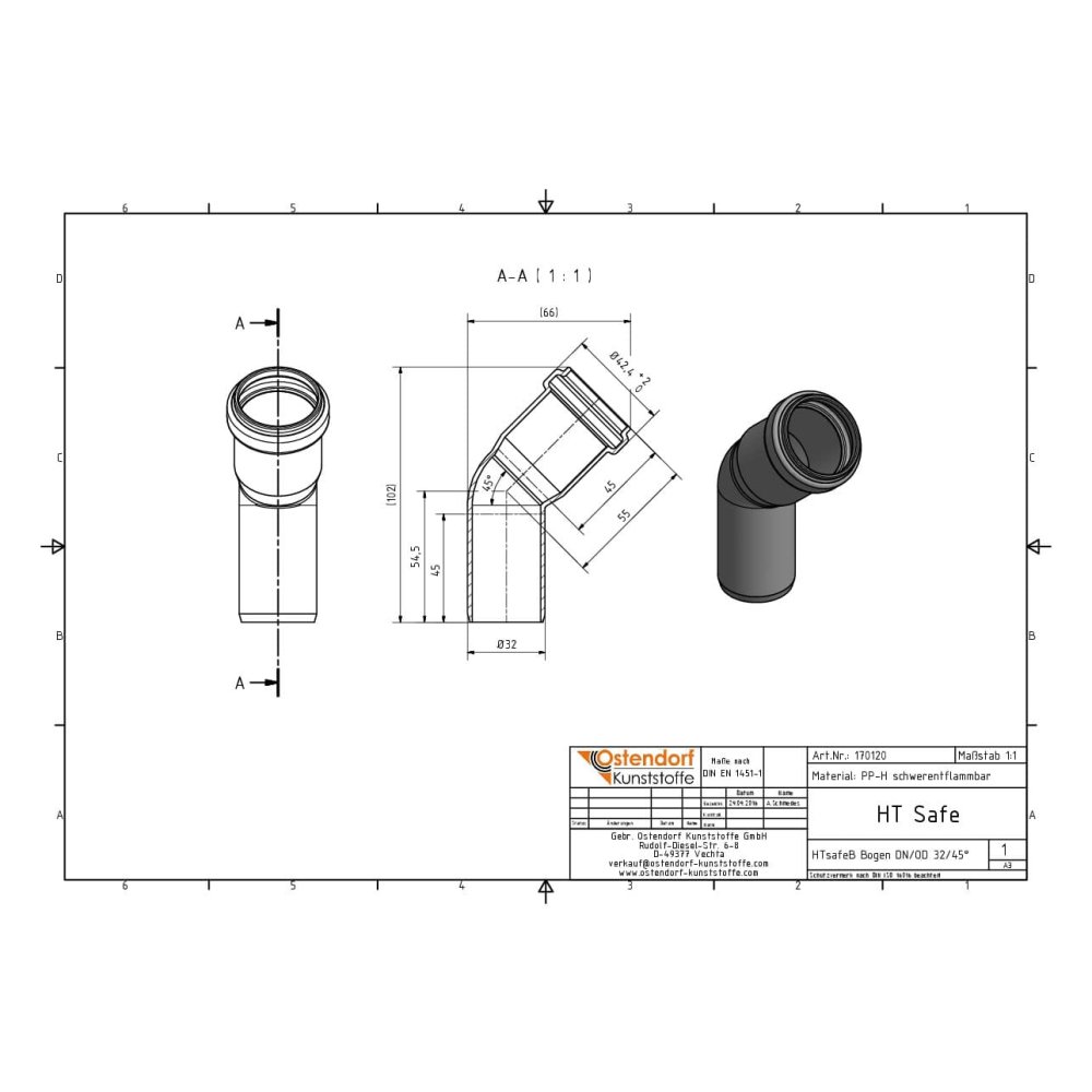 HTsafeB Könyök DN/OD 32 45 fok-1