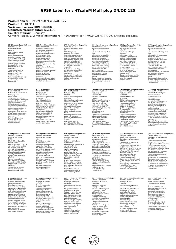 HTsafeM csatlakozódugó DN/OD 125-2