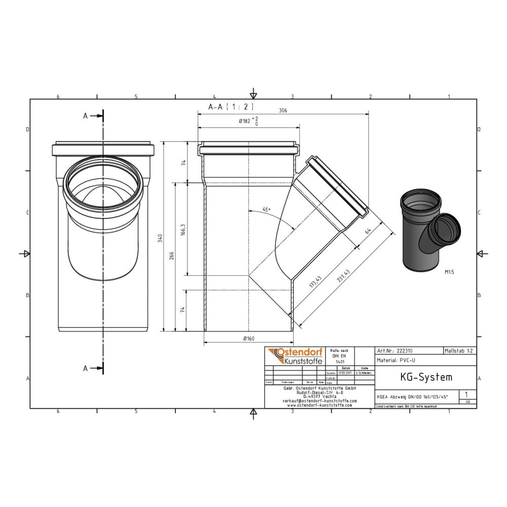 KGEA elágazás DN/OD 160/125 45 fok-1