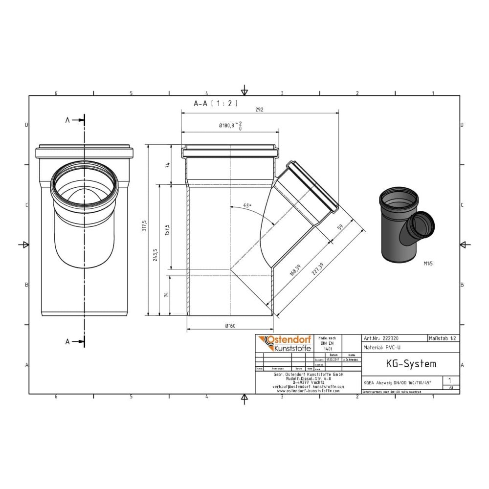 KGEA elágazás DN/OD 160/110 45 fok-1