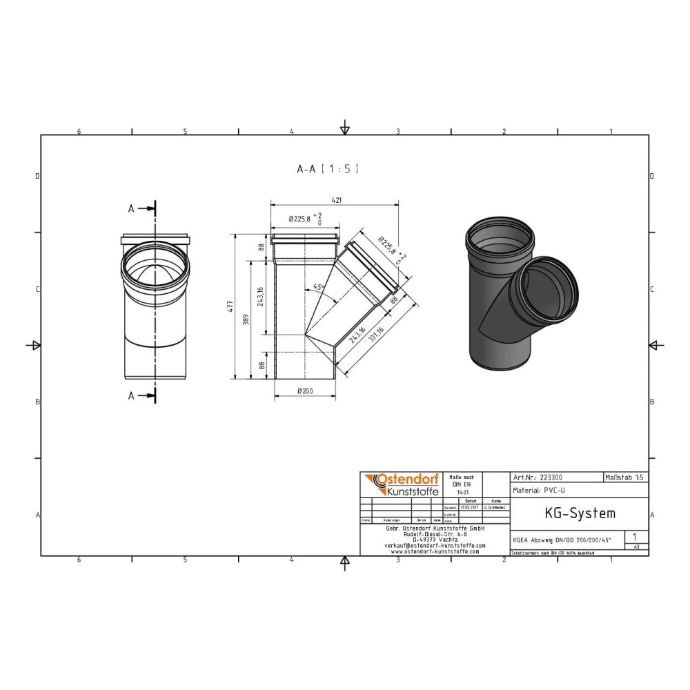 KGEA elágazás DN/OD 200/200 45 fok-1