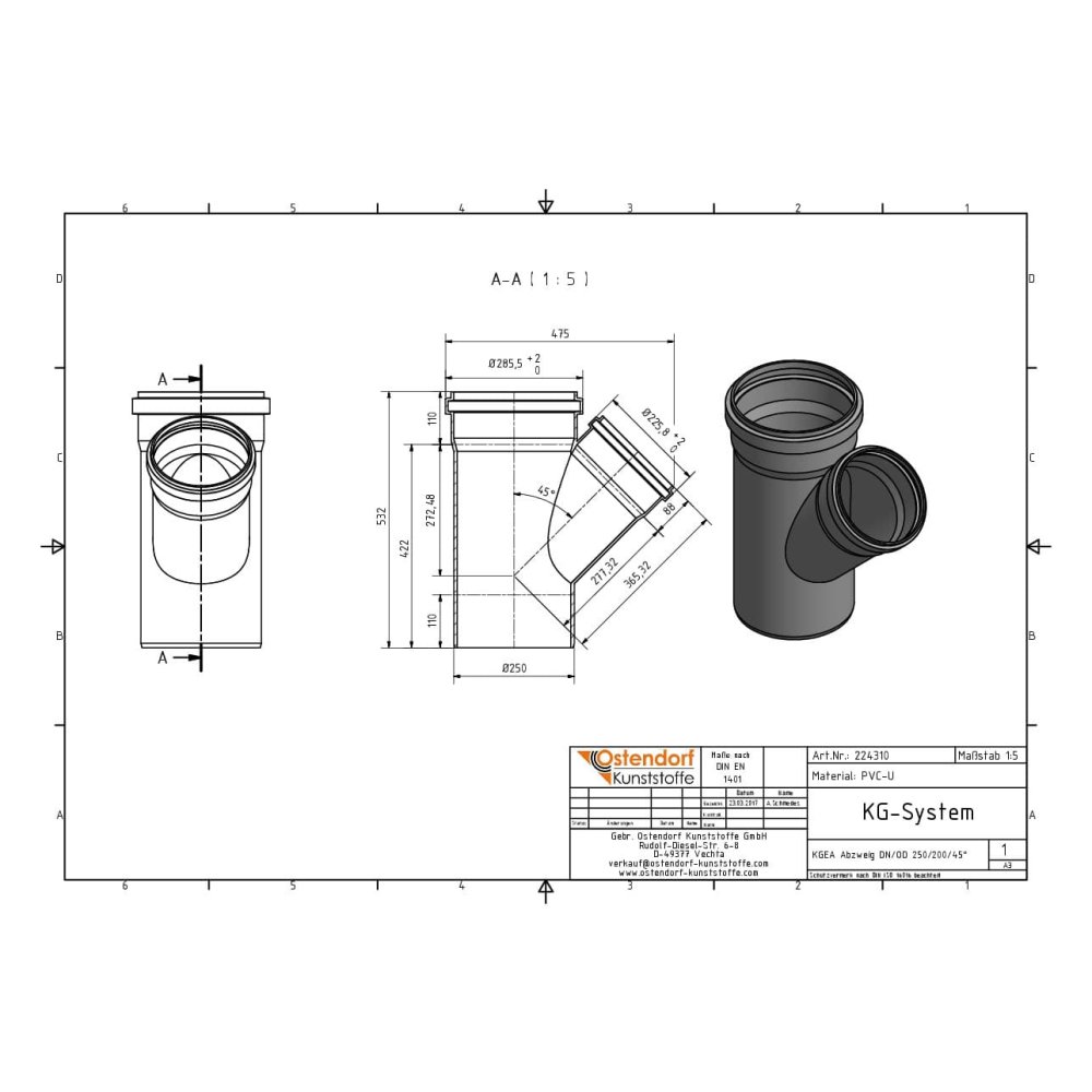 KGEA elágazás DN/OD 250/200 45 fok-1