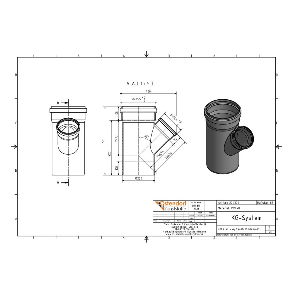 KGEA Elágazás DN/OD 250/160 45 fok-1