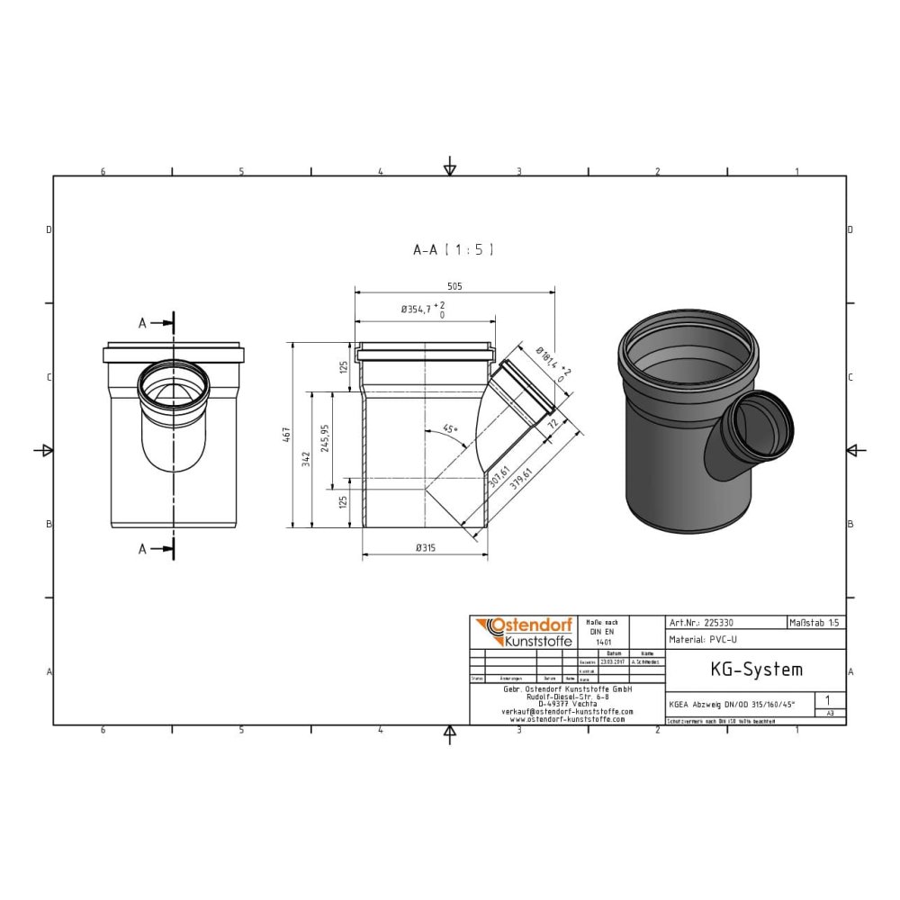 KGEA elágazás DN/OD 315/160 45 fok-0