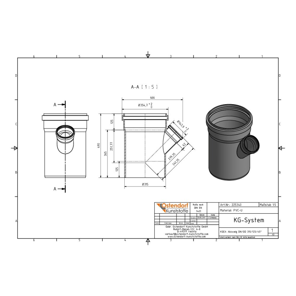 KGEA elágazás DN/OD 315/125 45 fok-1