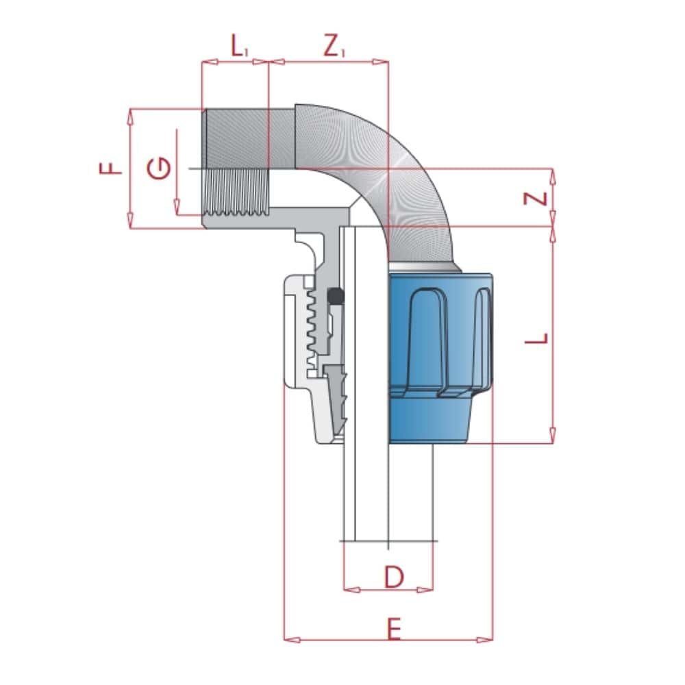 PP PE cső csatlakozás 90° könyök 40 x 3/4" BB-0