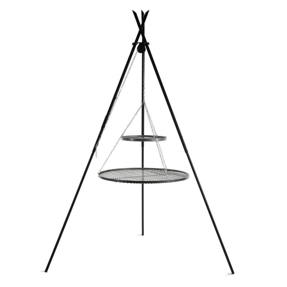 Forgó grill „TIPI“ 210 cm + Kettős rostély 70 cm és 40 cm természetes acélból